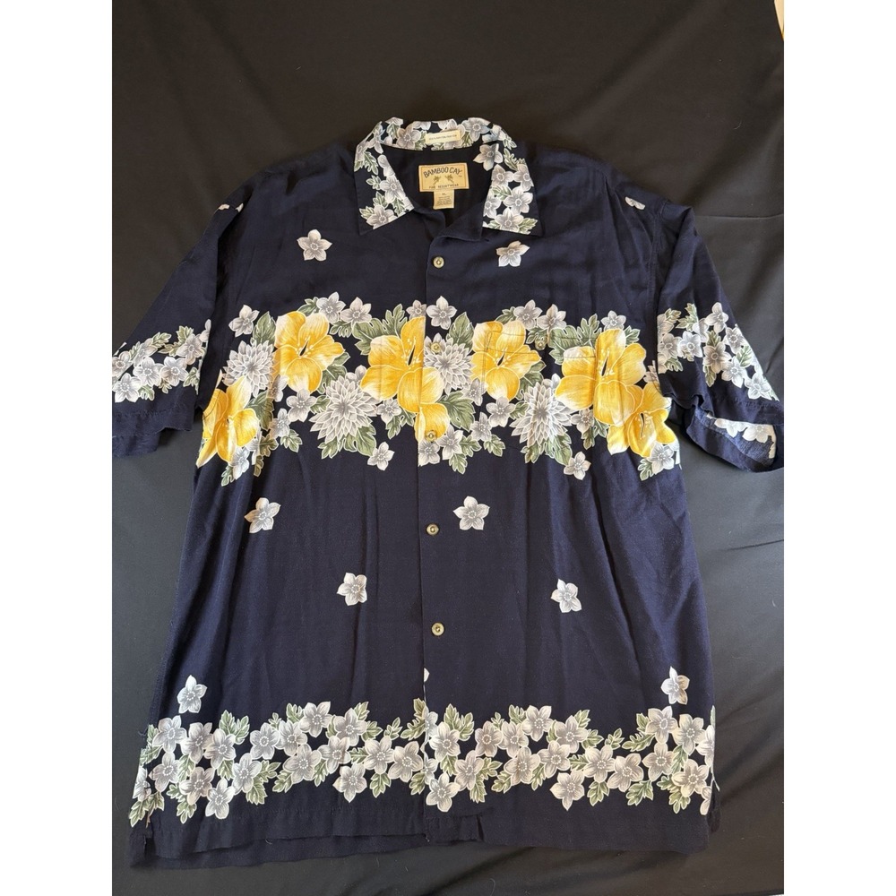 Bamboo Cay Navy Blue Hawaiian Men's Short Sleeve Button Up Shirt, XL